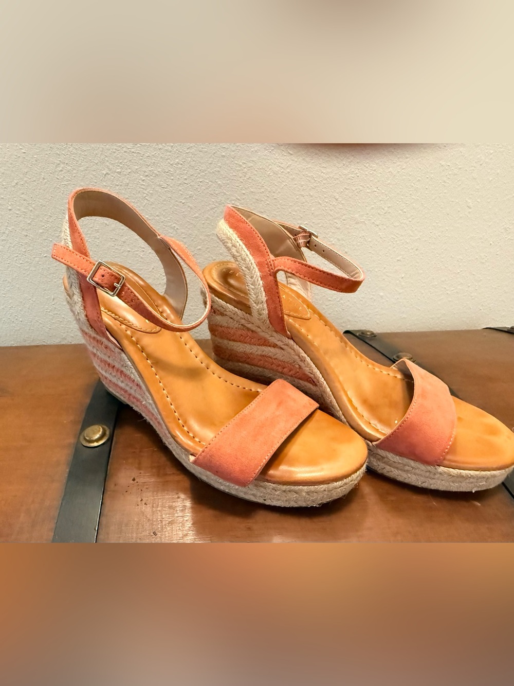 Kelly & Katie Coral/Peach Suede Espadrille Wedge Sandals